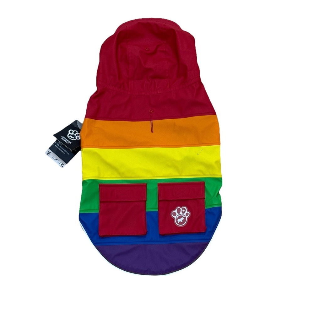 Canada Pooch Size 16 Dog Rainbow Rain Slicker W/ Hat, Pockets Torrential Tracker